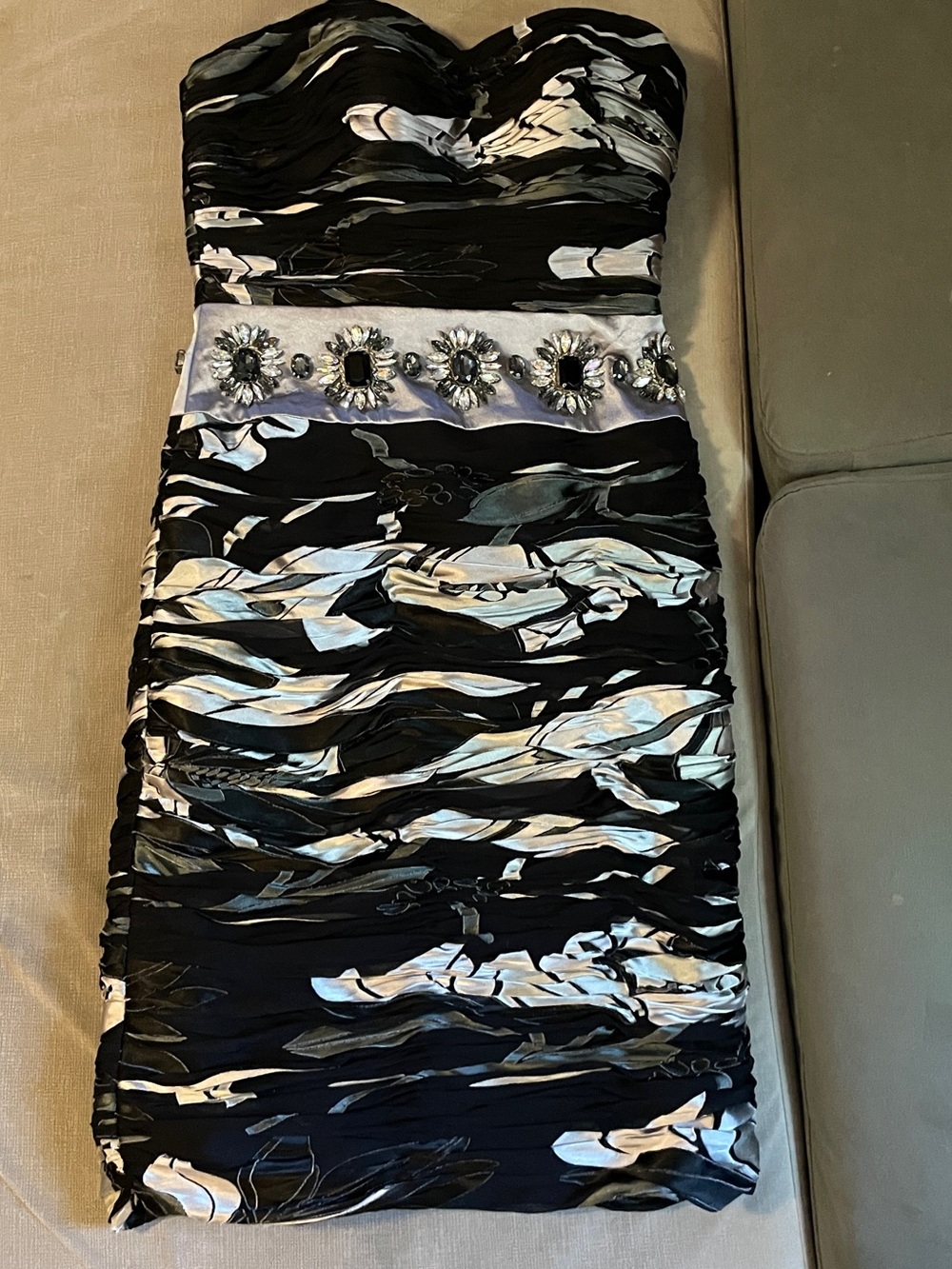 Vintage Terani Couture Black Gray Silver Ruched Crystal Strapless Dress 4